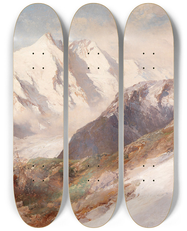 Triptych art skateboard deck of Edward Theodore Compton Blick Auf Die Nordseite Des Groglockners by Edward Theodore Compton (1849-1921)