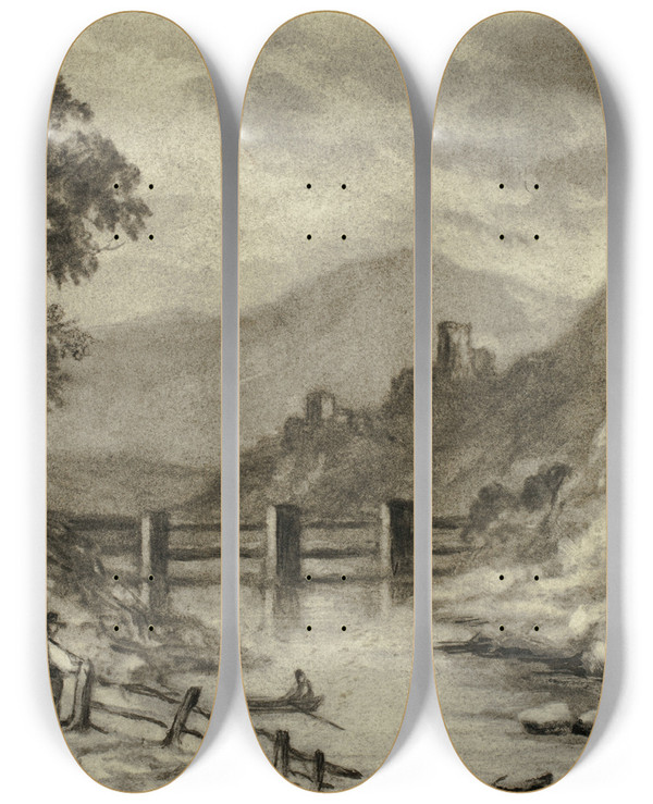Triptych art skateboard deck of Elizabeth Murray Mountain Stream With Boat by Elizabeth Murray (1815-1882)