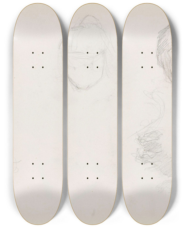 Triptych art skateboard deck of Signe Scheel Riss Av To Hoder Og Ett Mannsportrett by Signe Scheel (1860-1942)