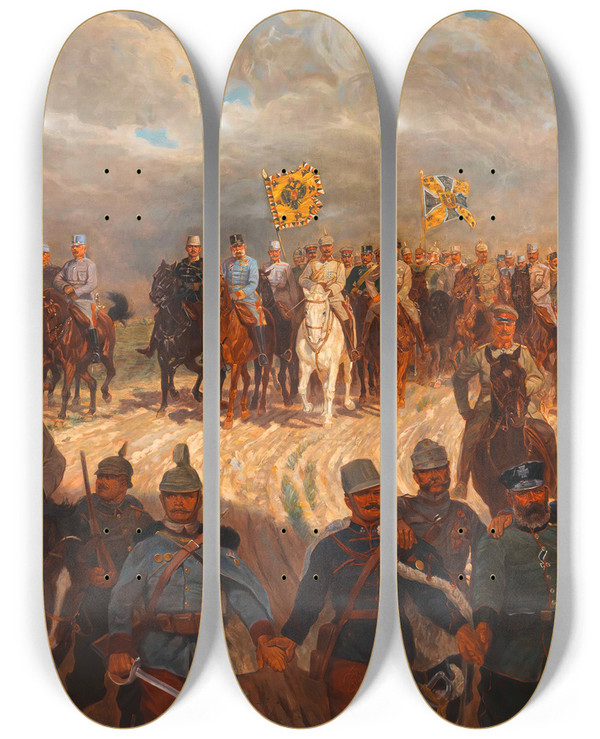 Triptych art skateboard deck of Ludwig Koch Die Groe Zeit by Ludwig Koch (1866-1934)