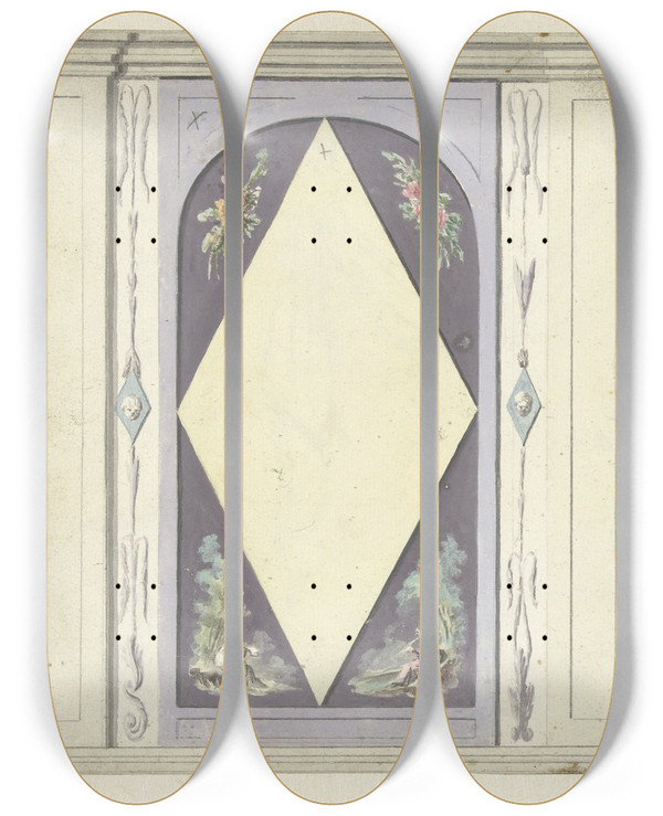 Triptych art skateboard deck of Abraham Meertens Ontwerp Voor Kamerversiering Met Twee Panelen Met Een Ruit In Geel En Groen by Abraham Meertens (1747-1823)