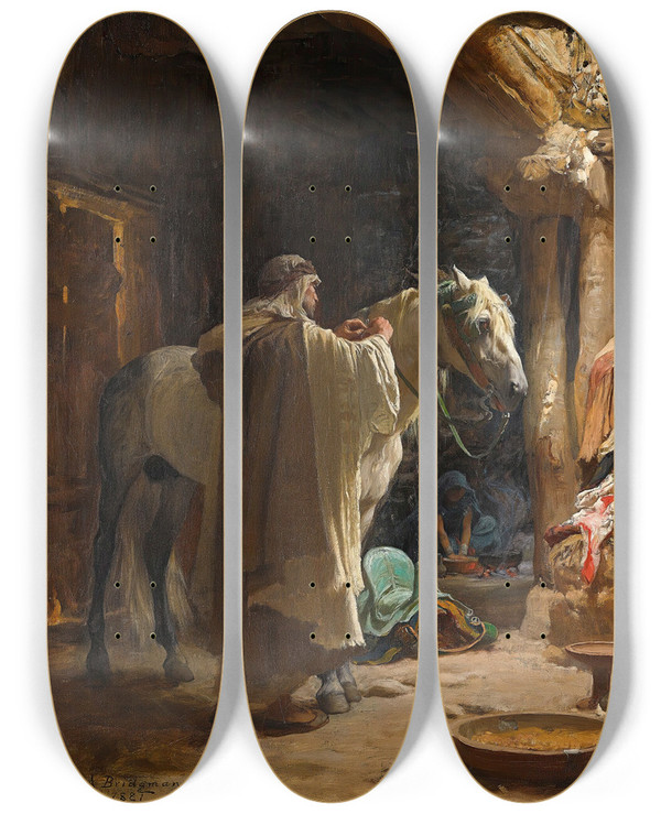Triptych art skateboard deck of Frederick Arthur Bridgman An Interior In Biskra by Frederick Arthur Bridgman (1847-1928)