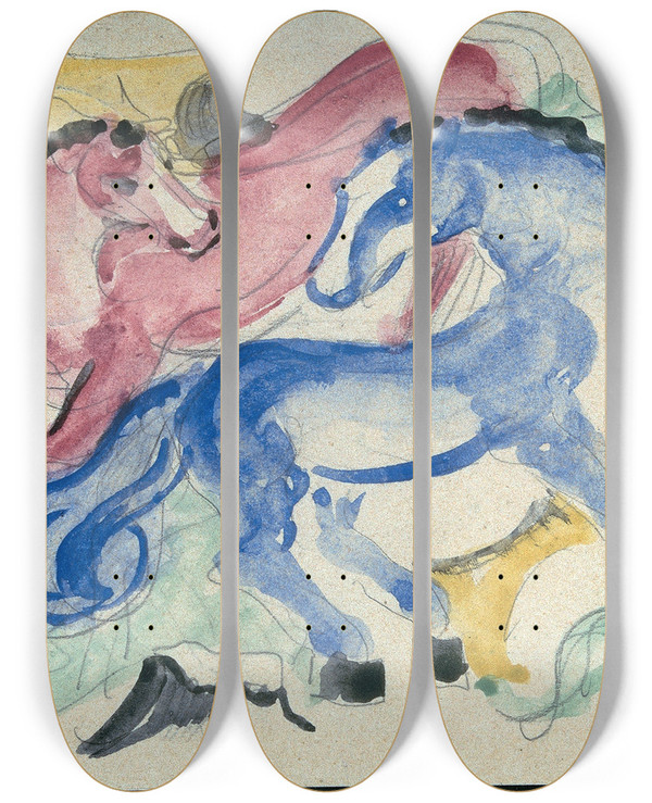 Triptych art skateboard deck of Franz Marc Red And Blue Horse_2 by Franz Marc (1880-1916)
