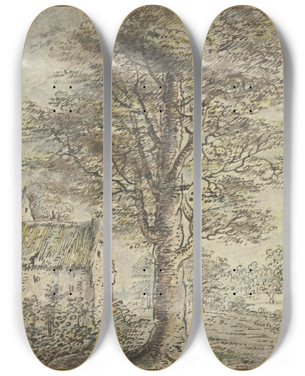 Triptych art skateboard deck of Lucas Van Uden Dorfansicht In Der Mitte Ein Baum by Lucas Van Uden (1595-1672)