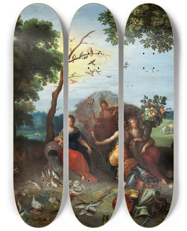 Triptych art skateboard deck of Jan Brueghel The Younger Landscape With Allegories Of The Four Elements by Jan Brueghel the Younger (1601-1678)