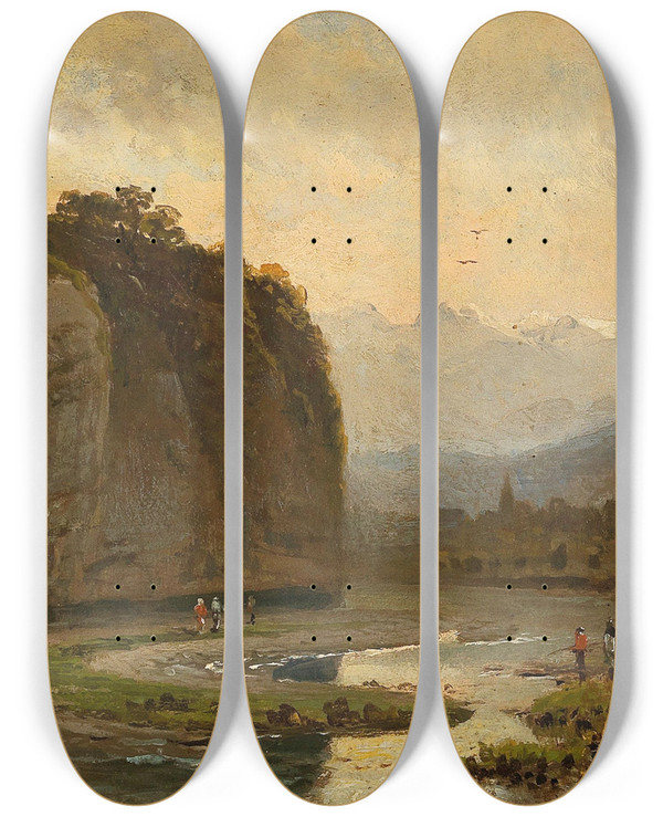 Triptych art skateboard deck of Pieter Franciscus Peters Scene Of The Inntal Near Pfunds In Tyrol by Pieter Franciscus Peters (1818-1903)