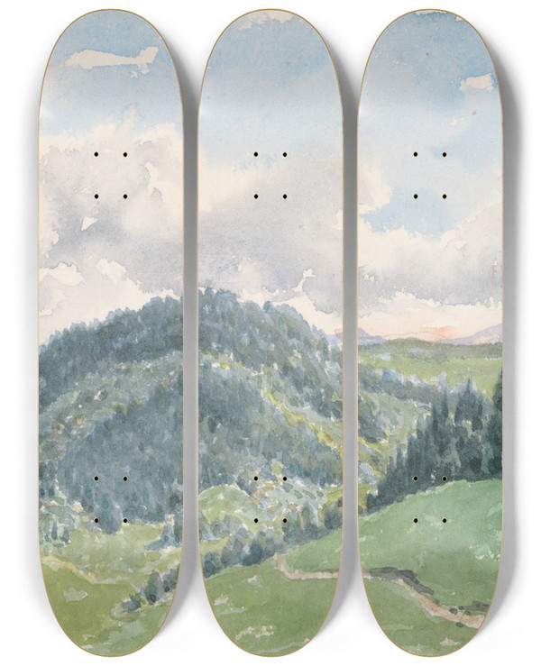 Triptych art skateboard deck of Friedrich Carl Von Scheidlin Mountain Landscape_2 by Friedrich Carl Von Scheidlin (1822-1913)