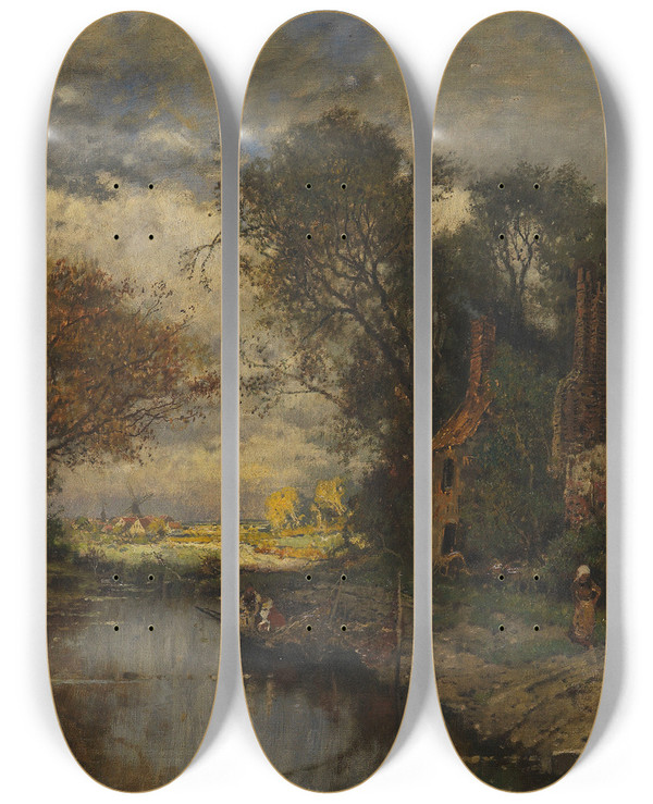 Triptych art skateboard deck of Karl Heffner Idyll Am Kanal by Karl Heffner (1849-1927)