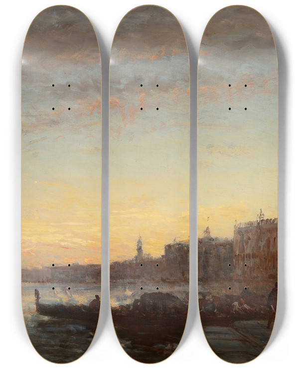 Triptych art skateboard deck of Flix Ziem Gondoliers At Esclavons Quay Venice by Felix Ziem (1821-1911)
