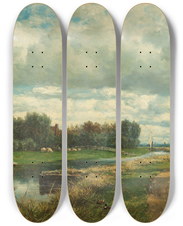 Triptych art skateboard deck of Willem Roelofs Landscape In The Environs Of The Hague by Willem Roelofs (1822-1897)