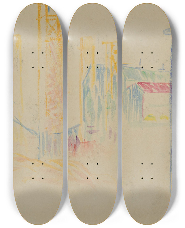 Triptych art skateboard deck of Henriedmond Cross Tude Pour Le Quai De Passy by Henri-Edmond Cross (1856-1910)