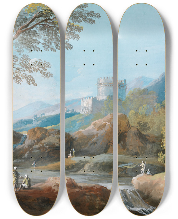 Triptych art skateboard deck of Giovanni Battista Busiri The Tomb Of Cecilia Metella On The Appian Way Near Rome by Giovanni Battista Busiri (1698-1757)