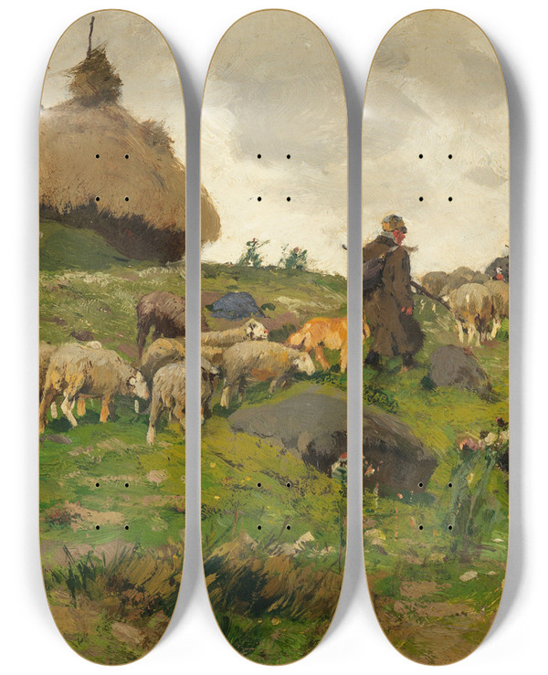Triptych art skateboard deck of Hugo Mhlig Schfer Mit Herde Auf Dem Heimweg by Hugo Muhlig (1854-1929)