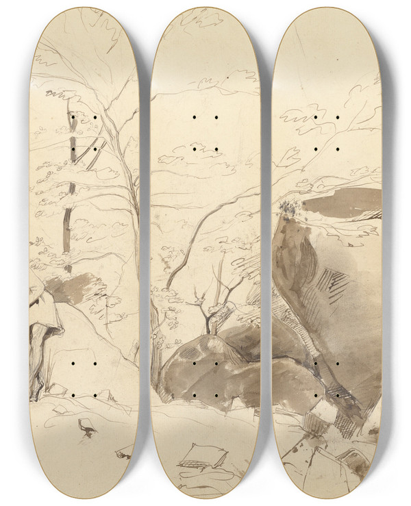 Triptych art skateboard deck of Jeanbaptistecamille Corot Fontainebleau Figure Leaning Against A Rock by Jean-Baptiste-Camille Corot (1796-1875)