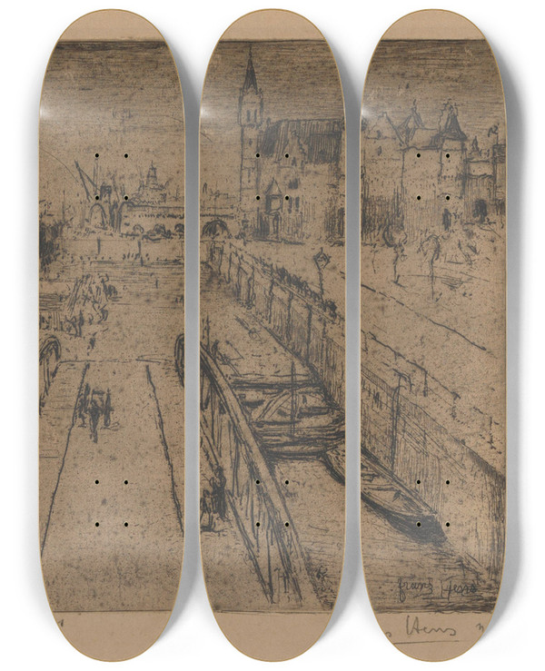 Triptych art skateboard deck of Frans Hens The Quay At The Steen by Frans Hens (1856-1928)