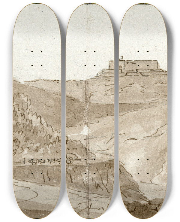 Triptych art skateboard deck of Otto Howen Kasteel Bellegarde In De Pyrenn_1 by Otto Howen (1774-1848)
