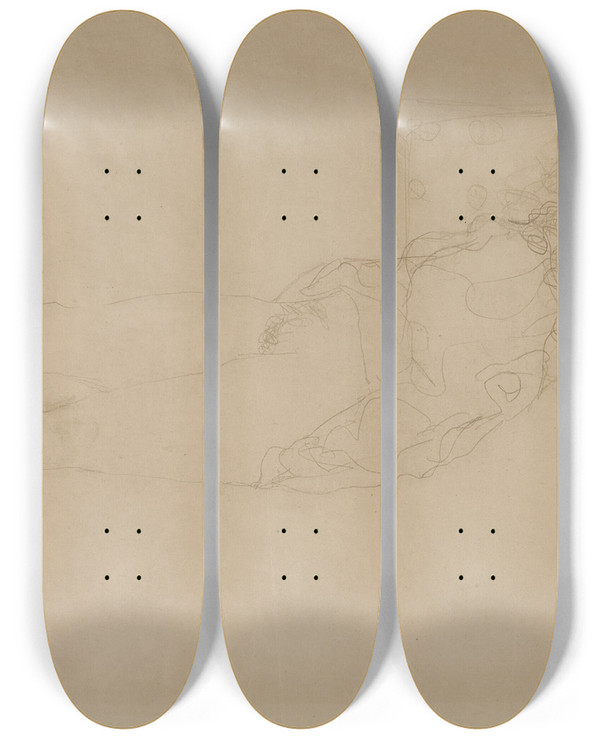 Triptych art skateboard deck of Gustav Klimt Liegender Halbakt Nach Rechts_4 by Gustav Klimt (1862-1918)