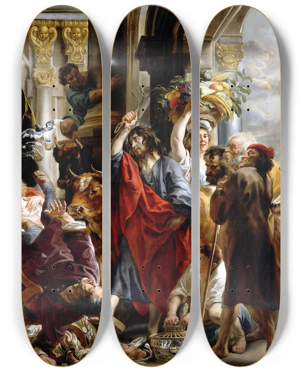 Triptych art skateboard deck of Jacob Jordaens Jesus Driving The Merchants From The Temple by Jacob Jordaens (1593-1678)