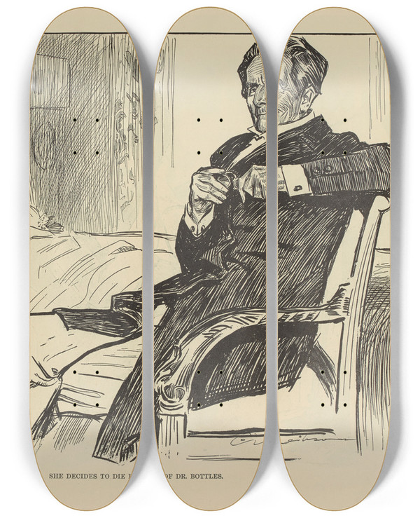 Triptych art skateboard deck of Charles Dana Gibson She Decides To Die In Spite Of Dr Bottles by Charles Dana Gibson (1867-1944)