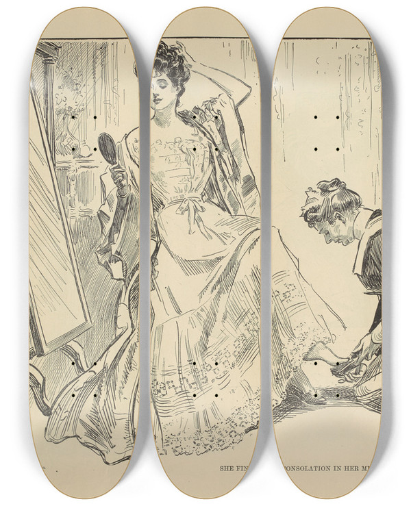 Triptych art skateboard deck of Charles Dana Gibson She Finds Some Consolation In Her Mirror by Charles Dana Gibson (1867-1944)