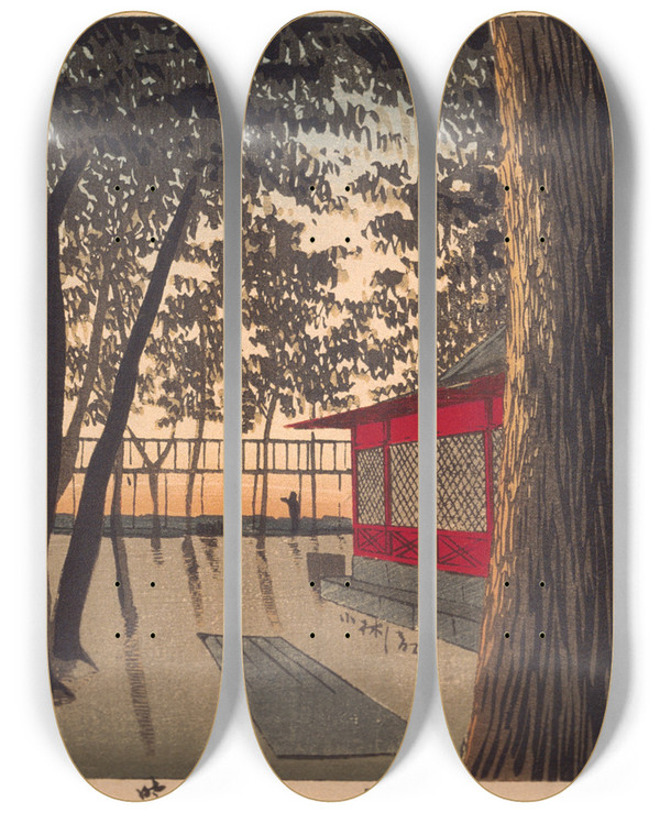 Triptych art skateboard deck of Kobayashi Kiyochika Daybreak At Shrine Kanda by Kobayashi Kiyochika (1847-1915)