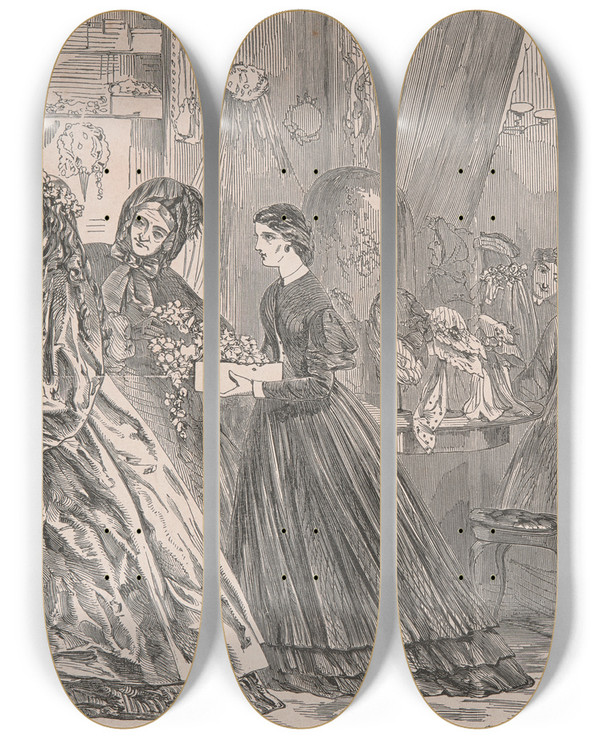 Triptych art skateboard deck of Florence Claxton Shopping by Florence Claxton