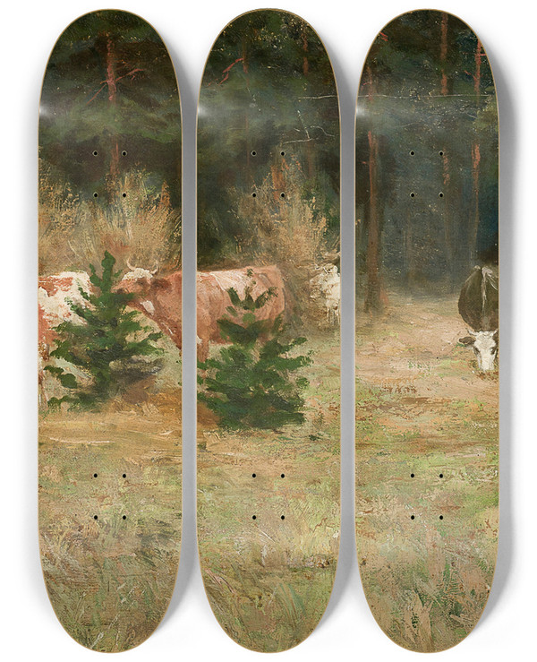 Triptych art skateboard deck of Maria Chmielowska Cows Near A Forest by Maria Chmielowska (1867-1929)