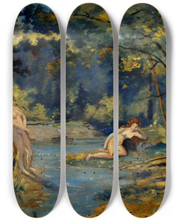 Triptych art skateboard deck of Louis Michel Eilshemius Standing And Reclining Nymphs by Louis Michel Eilshemius (1864-1941)