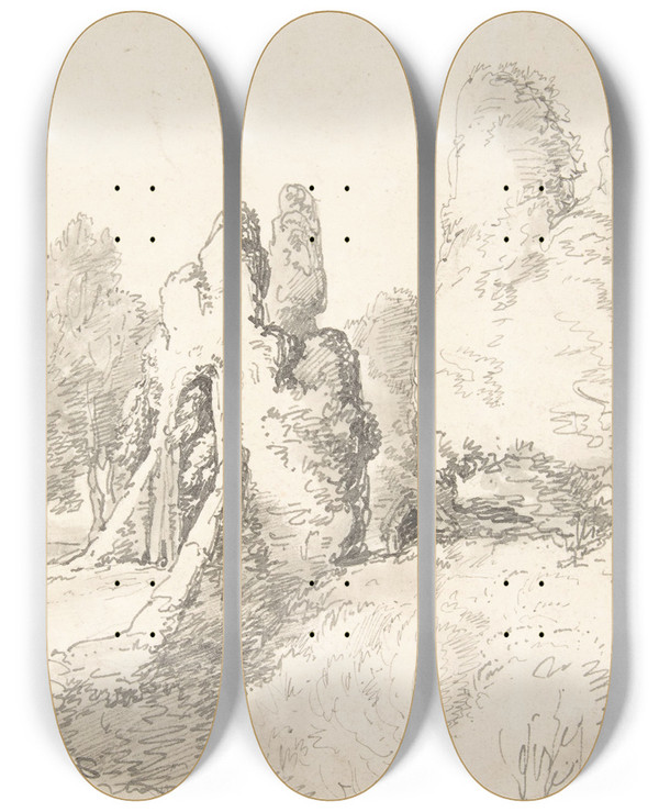 Triptych art skateboard deck of Thomas Rowlandson Wooded Landscape With Ruins by Thomas Rowlandson (1756-1827)