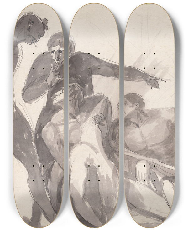 Triptych art skateboard deck of George Romney Howard Visiting A Prison_4 by George Romney (1734-1802)