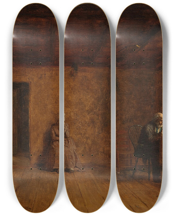 Triptych art skateboard deck of Worthington Whittredge Sunday Morning New England Figures Painted By Eastman Johnson by Worthington Whittredge (1820-1910)