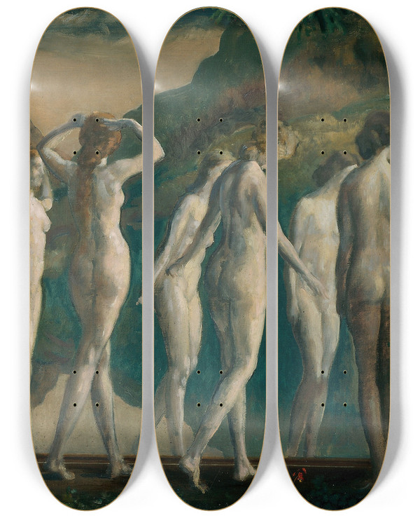 Triptych art skateboard deck of Arthur Bowen Davies Maya Mirror Of Illusions by Arthur Bowen Davies (1862-1928)