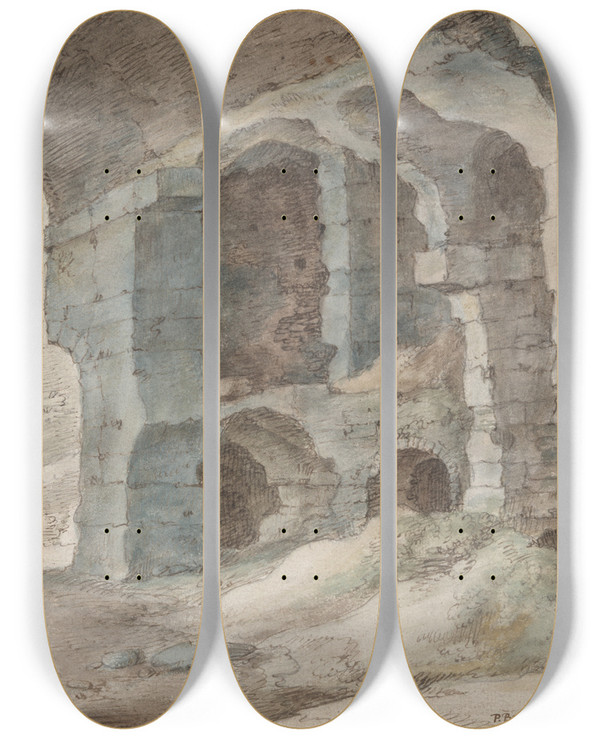 Triptych art skateboard deck of School Of Pieter Brueghel The Elder Romanruins by School Of Pieter Brueghel The Elder (1525-1569)