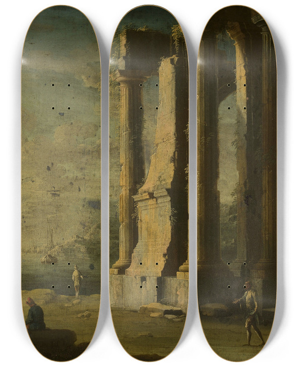 Triptych art skateboard deck of Leonardo Coccorante Sea Bay by Leonardo Coccorante (1680-1750)