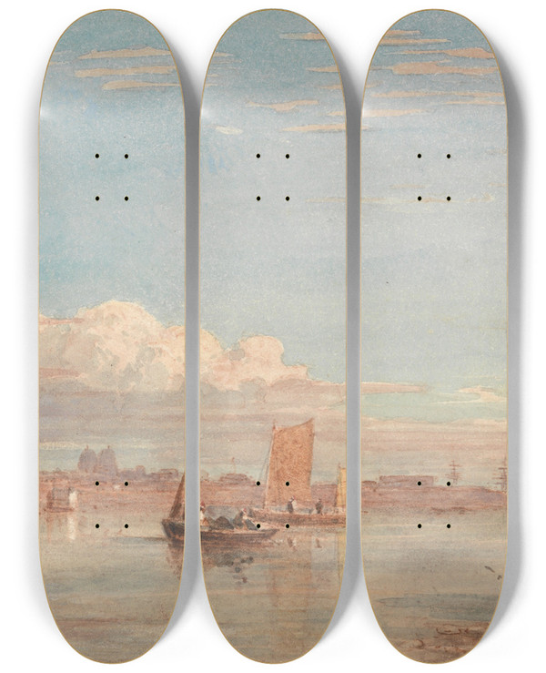 Triptych art skateboard deck of David Cox Greenwich Hospital From Woolwich Reach by David Cox (1783-1859)