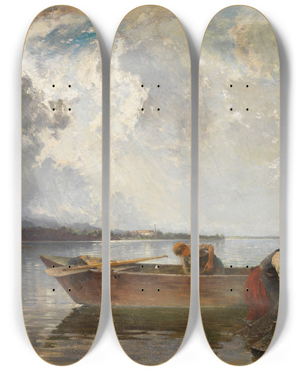 Triptych art skateboard deck of Joseph Wopfner Fischerzug Am Chiemsee by Joseph Wopfner (1843-1927)