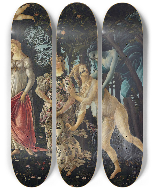 Triptych art skateboard deck of Sandro Botticelli Spring by Sandro Botticelli (1444-1510)
