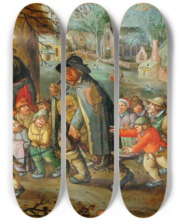 Triptych art skateboard deck of School Of Antwerp The Hurdygurdy Player by Antwerp School