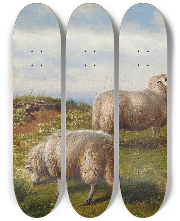 Triptych art skateboard deck of Charles Jones Sheep On The Hill by Charles Jones (1836-1892)