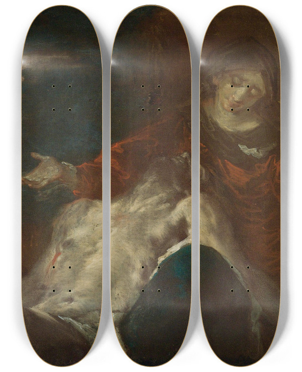 Triptych art skateboard deck of Giuseppe Bazzani Piet With Mary Magdalene by Giuseppe Bazzani (1690-1769)