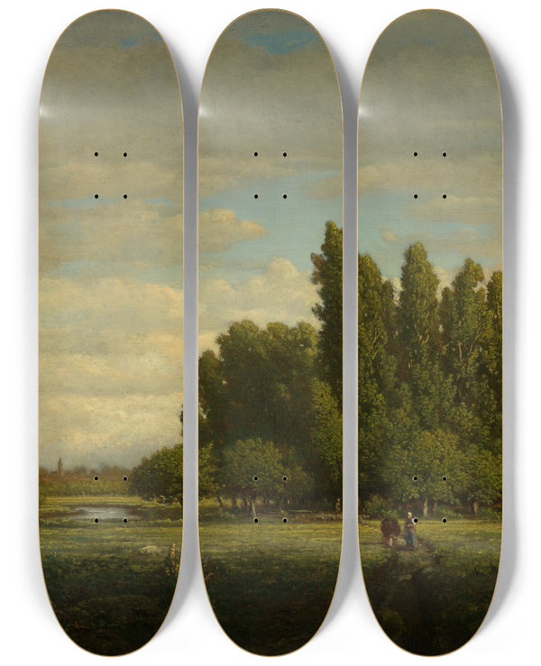 Triptych art skateboard deck of Thodore Rousseau A Meadow Bordered By Trees by Theodore Rousseau (1812-1867)