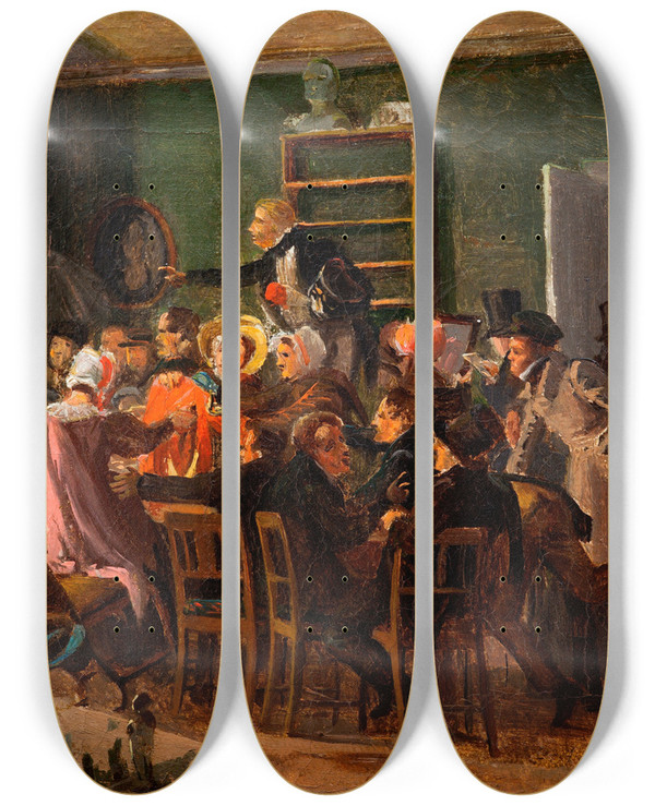 Triptych art skateboard deck of Wilhelm Marstrand Scene From An Auction by Wilhelm Marstrand (1810-1873)