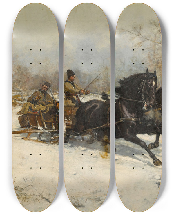 Triptych art skateboard deck of Antoni Piotrowski Winter Landscape With Ahorse Drawn Carriage by Antoni Piotrowski (1853-1924)