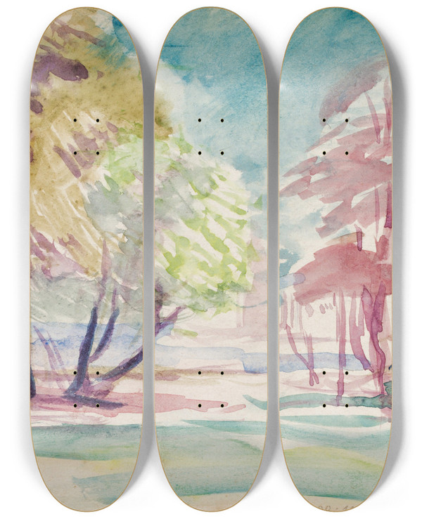 Triptych art skateboard deck of Magnus Enckell Maisema Ja Hahmoja Luonnos by Magnus Enckell (1870-1925)
