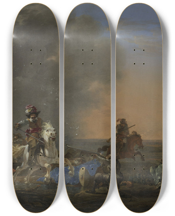 Triptych art skateboard deck of Jan Asselijn Cavalry Attack At Sunset by Jan Asselijn (1610-1652)