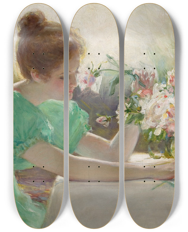 Triptych art skateboard deck of Clara Hoffman Fragrant Flower by Clara Hoffman (1862-1897)