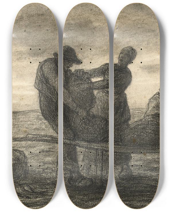 Triptych art skateboard deck of Jeanfranois Millet The Potato Harvest La Rcolte Des Pommes De Terre by Jean-Franois Millet (1814-1875)