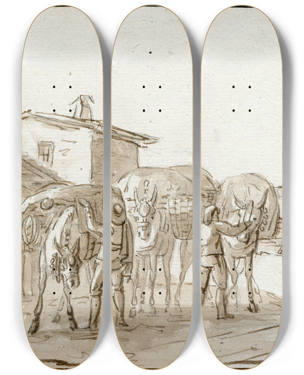 Triptych art skateboard deck of Otto Howen Het Beladen Van Pakezels by Otto Howen (1774-1848)