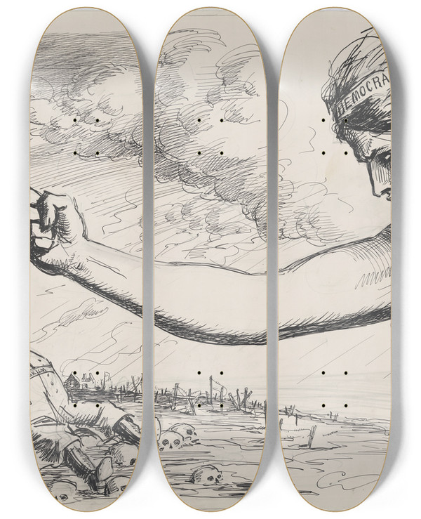 Triptych art skateboard deck of Charles Dana Gibson The Last Blow by Charles Dana Gibson (1867-1944)