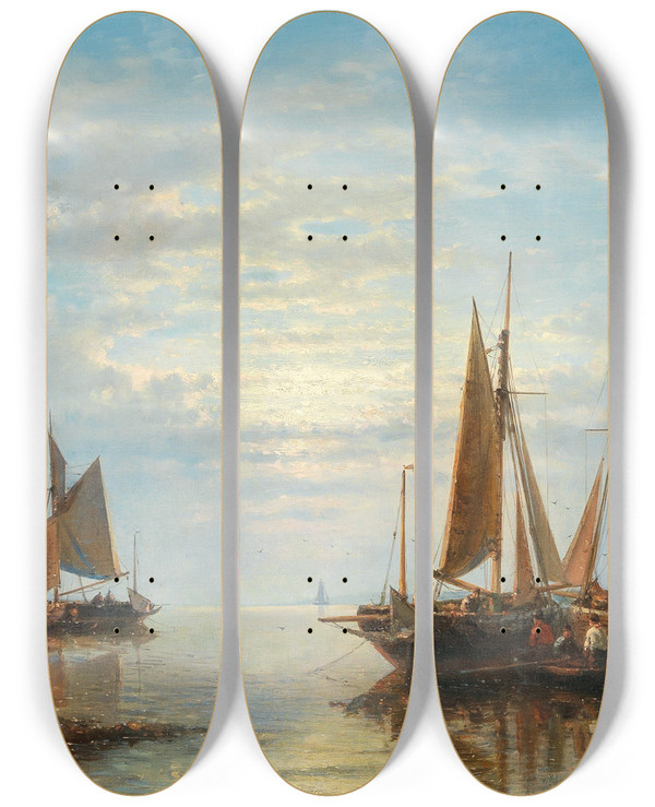 Triptych art skateboard deck of Abraham Hulk Sailing Boats On A Calm Sea by Abraham Hulk (1813-1897)